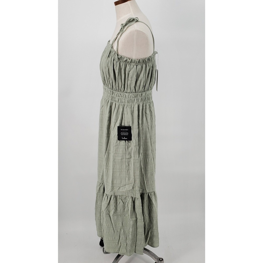 Lulus Enjoy the Day Womens Large Sage Green Tie Strap Midi Dress Elastic Waist - Picture 3 of 6